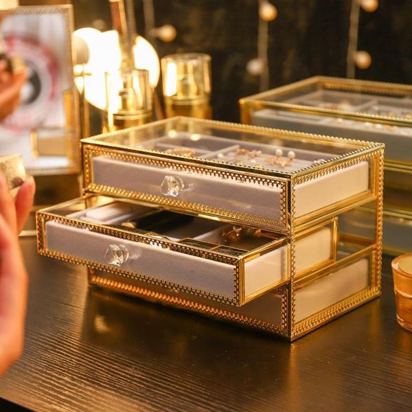 

bathroom storage & organization boxes copper-rimmed glass jewelry box earrings ring necklace finishing frame dust-proof cloth