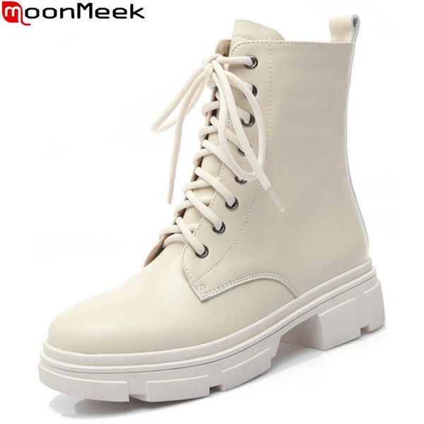 

boots moonmeek 2021 arrival women genuine leather square heels round toe winter keep warm ankle rice white, Black