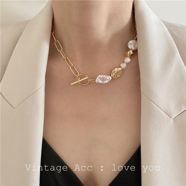 

chokers 2021 multilayer color rhinestone baroque pearl necklace vintage pendant clavicle chain for women girl holiday travel jewelry, Golden;silver