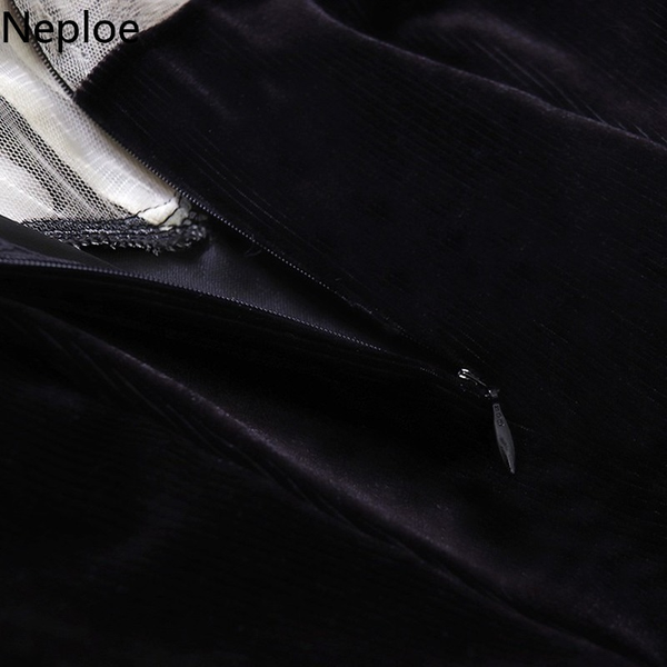 

2021neploe vintage velvet black dress stand neck lantern sleeve party dress high waist slim vestidos korean elegant dresses women, Black;gray