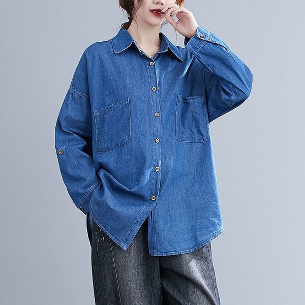 

women's blouses & shirts autumn fashion women long sleeve loose turn-down collar cotton denim double pocket casual big size m646 2, White