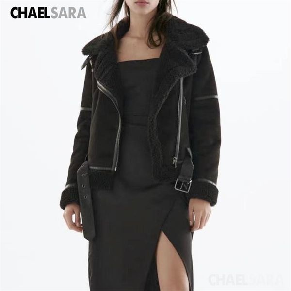 

winter women thick suede lamb biker jacket casual pockets with belt short faux leather coat warm black outwear ladies 211215
