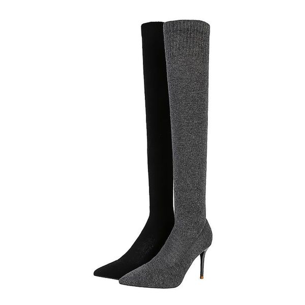 

boots acilici-65112 autumn and winter women shoes all-match slim-looking pointed knitted elastic high-heeled socks, Black