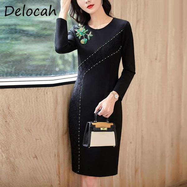 Abiti Casual Delocah 2021 Autunno Delle Donne di Modo Della Pista Vestito Aderente Manica Lunga Splendido Pizzo di Cristallo Elegante Nero Midi Abiti