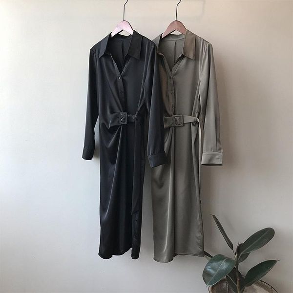 

casual dresses 2021 autumn korean fashion satin shirt asymmetrical woman long sleeve sashes strappy black formal midi dress, Black;gray
