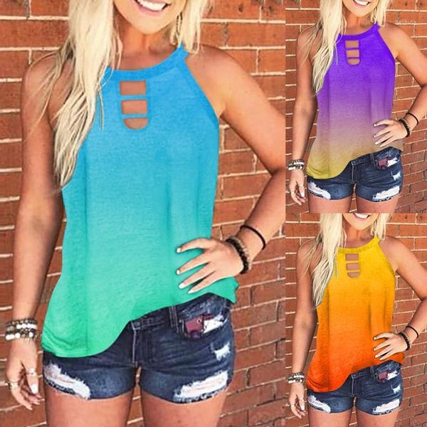 

women's tanks & camis women fashion gradient color hollow out o-neck sleeveless vest 2021 summer casual female tank lady streetwear, White