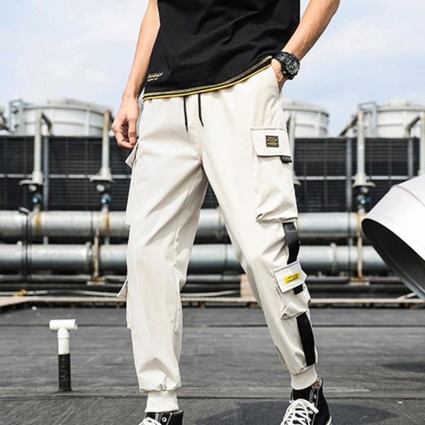 

men's pants cargo multiple pockets loose male men solid color hip hop style for joggers trousers fashion streetwear, Black