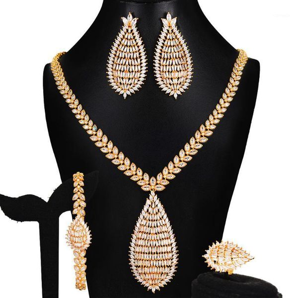 

earrings & necklace godki 4pcs trendy luxury waterdrop lariat jewelry set for women wedding african cubic zircon cz dubai bridal, Silver
