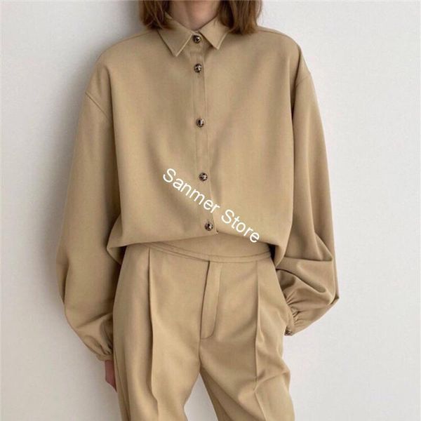 

women's blouses & shirts women single breasted blouse turn-down collar solid loose long lantern sleeve logo buttons ladies casual shirt, White