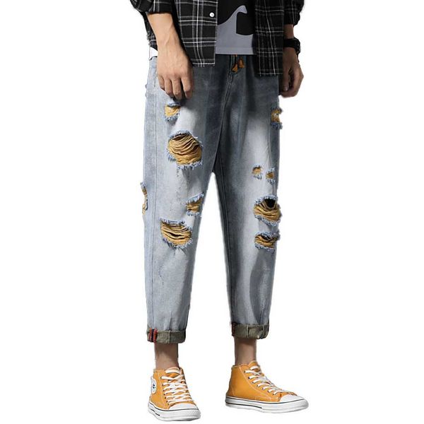 

jeans summer ripped jeans men's hole harem calf-length cropped drawstring loose baggy hit color beggar pants casual trousers, Blue
