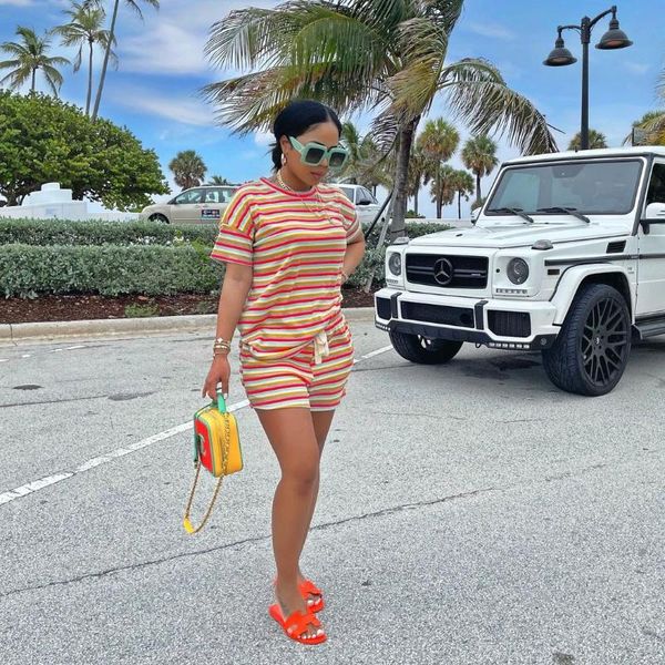 

women's tracksuits 2021 summer ladies casual fashion street personality trend print stripe sport short sleeve two piece sets, Gray