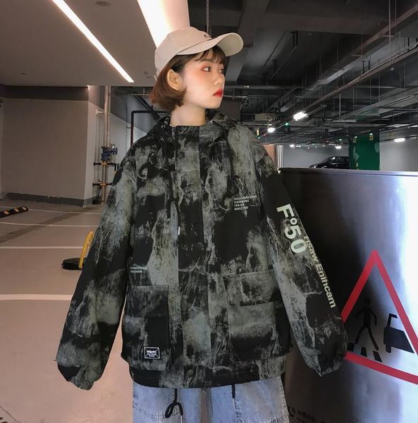 

women's jackets harajuku denim jacket oversized camo winter print women spring autumn fashion hooded two tone windbreaker nn50jk, Black;brown