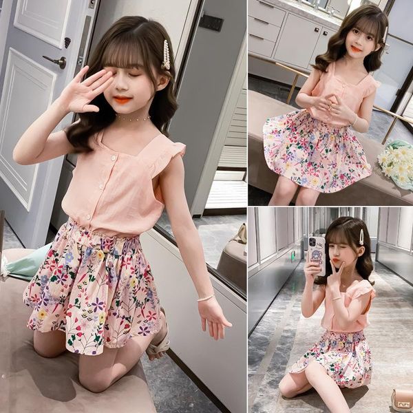 

clothing sets children's summer suit 2021 casual cute sleeveless printed short skirt two-piece 4 6 8 10 12 year fashion korean clothes, White