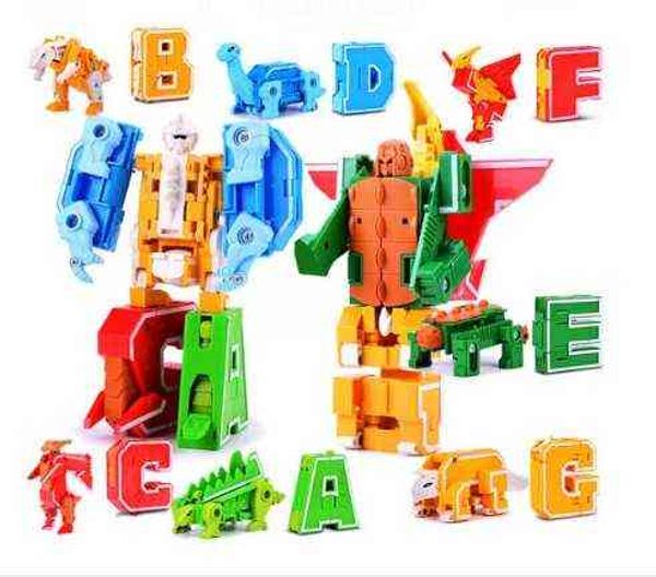 Inglês cartas transformadas Robô / Animais / Dinossauros Aprendizagem Criativa / DIY Big Robot Deformação Building Blocks Brinquedos para crianças Y1130