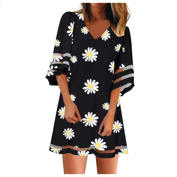 

crew neck mesh patchwork womens dress beach 3 4 bell sleeve casual loose a line floral mini jurken, Black;gray