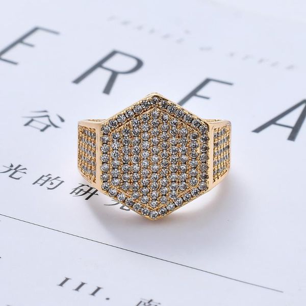

cluster rings explosions hip hop men's hexagonal ring micro inlaid zircon gold, Golden;silver