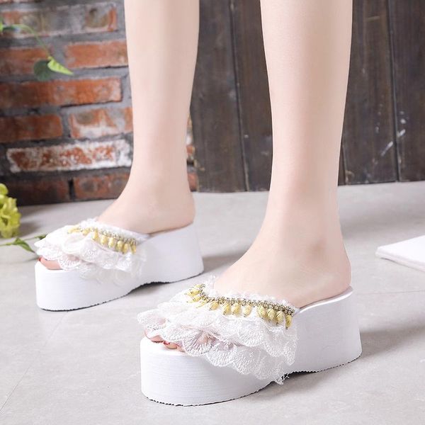 

slippers summer fashion female outside sponge cake thick bottom waterproof platform lace beaded designer women shoes u30-32, Black