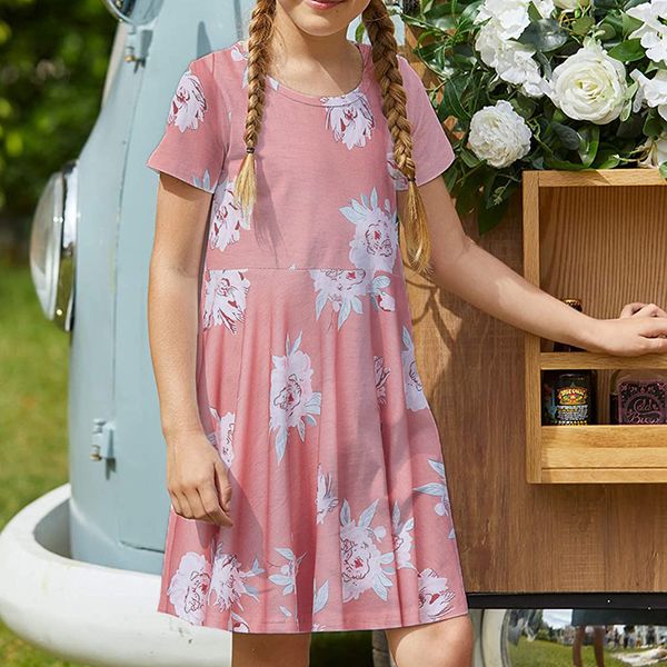 

printed pink girls dress short-sleeved printed dress children's casual dress a-line skirt length over the knee simple, elegant and colo, Red;yellow