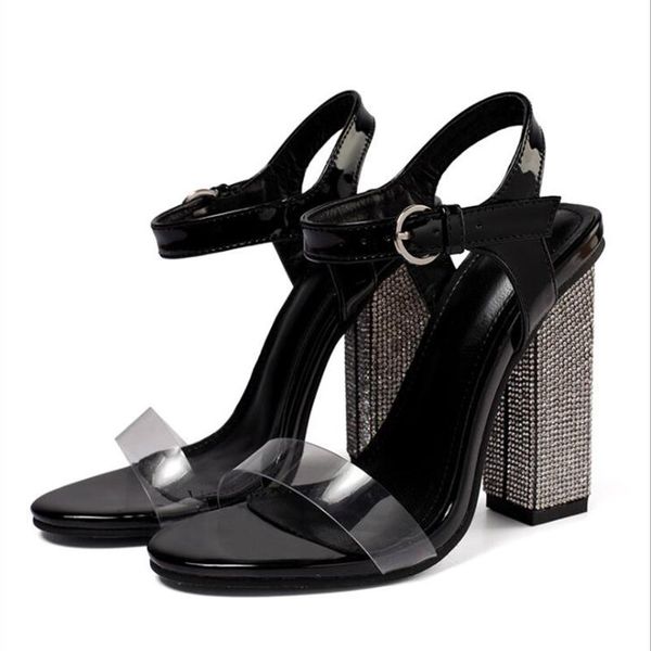 

slippers 2021 luxury sandals chunky rhinestone high heel women transparent pvc party shoes pumps summer fashion ladies, Black