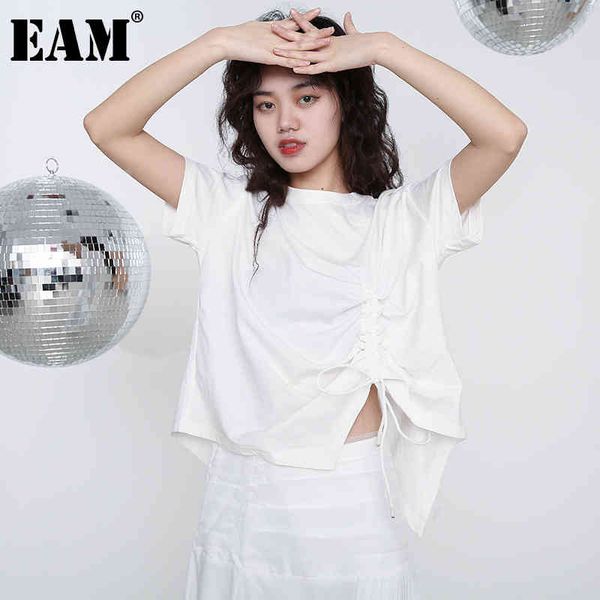 

[eam] women white drawstring irregular split big size t-shirt round neck short sleeve fashion spring summer 1y52100 21512