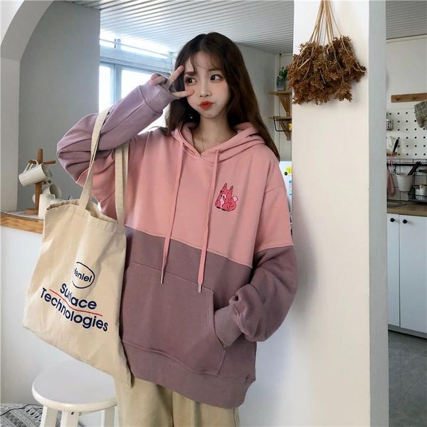 

women's hoodies & sweatshirts japanese harajuku ulzzang stitching printed cartoon hooded sweatshirt female korean clothing for women, Black