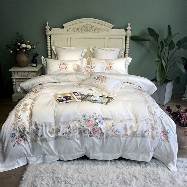 Set di biancheria da letto bianca ricamata di lusso in cotone egiziano 800TC Set di biancheria da letto matrimoniale king size Copripiumino Copripiumino parure de lit 211007