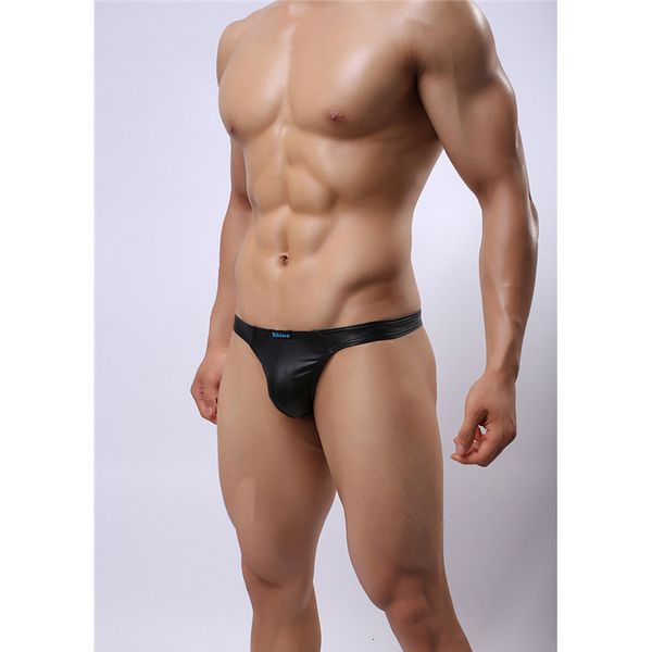 

shino imitation leather men's underwear black medium waist t-string, Black;white