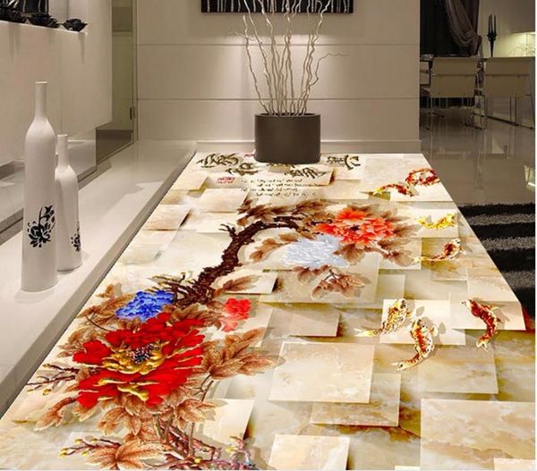 

wallpapers 3d flooring peony carp floor painting bathroom waterproof wallpaper