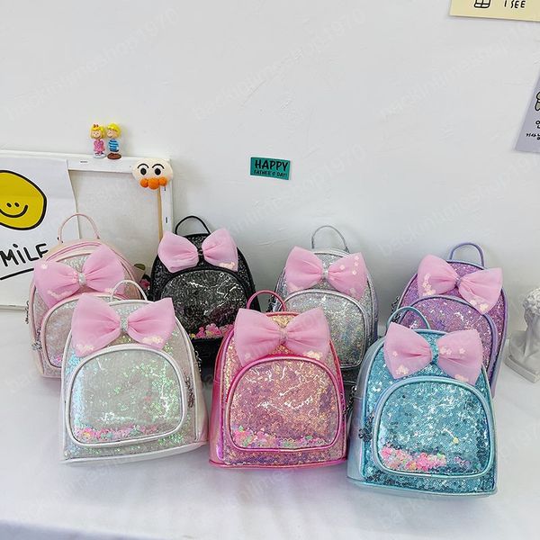 Borse per bambini Zaini per ragazze Archi Paillettes Borsa da scuola per bambini in pelle Cartella alla moda in pelle Libro Pizzo Trasparente Accessori carini