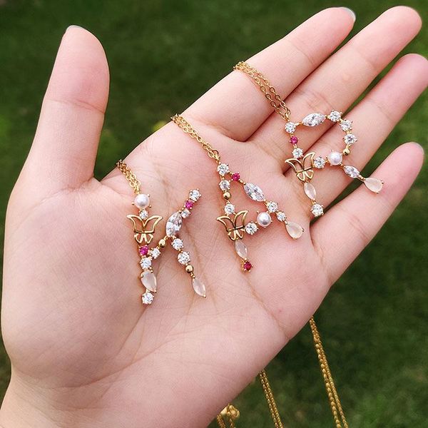 

pendant necklaces colorful butterfly stone initial for women cubic zirconia a-z letter imitation pearl necklace fashion jewelry 2021, Silver