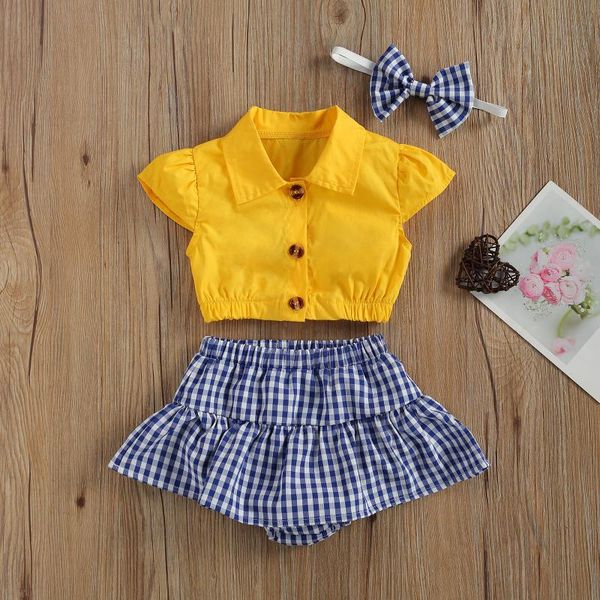 

born's baby girl three pieces set baby's lapel solid color shirt plaid skirt shorts hair band for infants summer clothes clothing, White