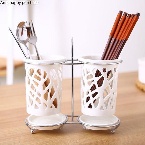 

storage bottles & jars chopsticks double tube ceramic chopstick holder hollow out drain cage two-piece kitchen tableware tank bottle