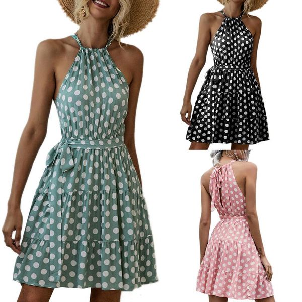 

women sleeveless summer halter neck dress dot printing mini beach style sundress vestidos casual dresses, Black;gray