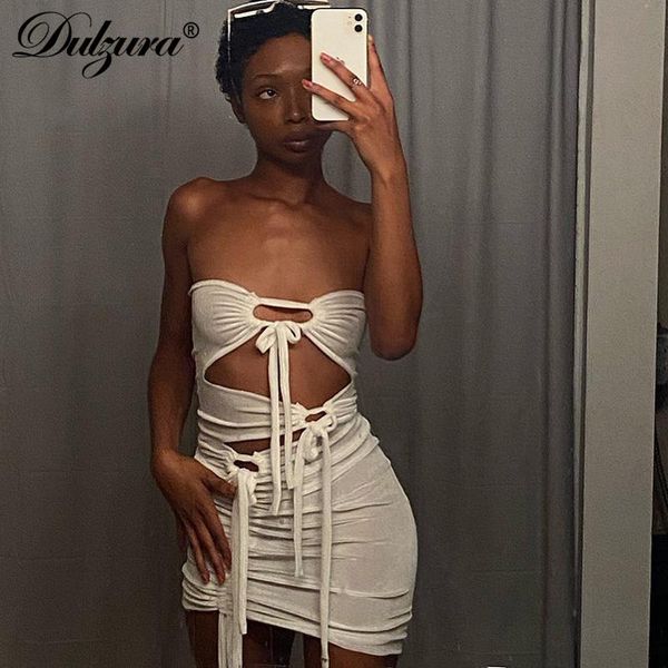 

casual dresses dulzura bandage tie women hollow solid color summer 2021 sleeveless one shoulder bodycon slim elegant party dress, Black;gray