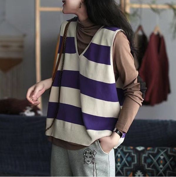 

cotton striped knitted vest autumn loose v-neck women's waistcoat, White