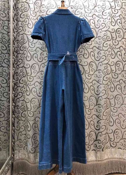 

capris 2021 summer fashion women turn-down collar chest pocket deco belted short sleeve blue denim jumpsuit, Black;gray
