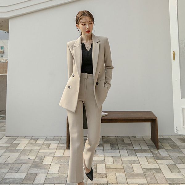 

women's two piece pants waist embracing formal two-piece suit fancy clothes double breasted blazer jacket and long jgff, White
