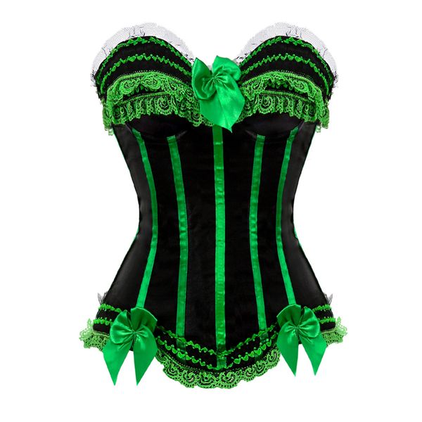 

Sexy LACE Striped Satin Lingerie Overbust Corset Clubwear showgirl Waist Cincher Bustier Plus Size -6XL zipper side, Blue
