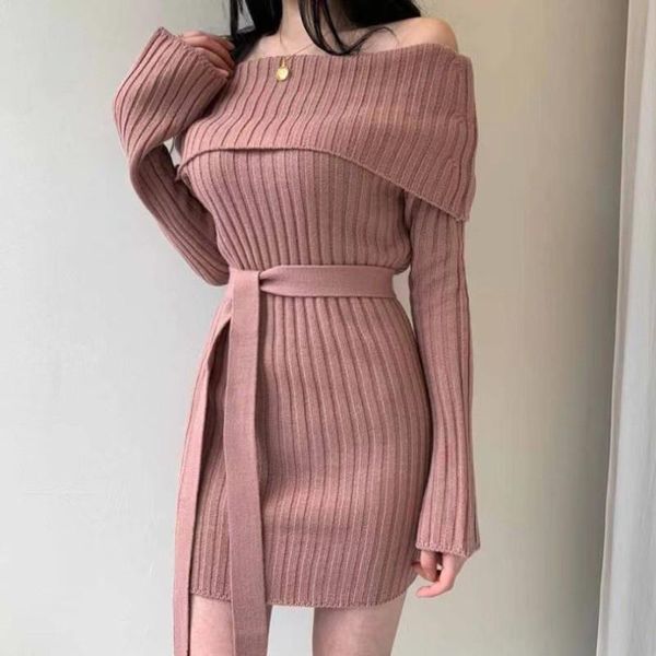 

plus size dresses korean chic one-word collar leaky shoulders slim fit show figure tie waist knit dress short skirt, Black