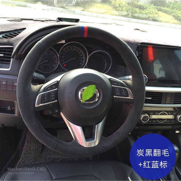 

car pi steering wheel cover for mazda cx4 atenza axela3 mazda 6 cx5 cx8 hand-stitch suede leather black grip cover car interior
