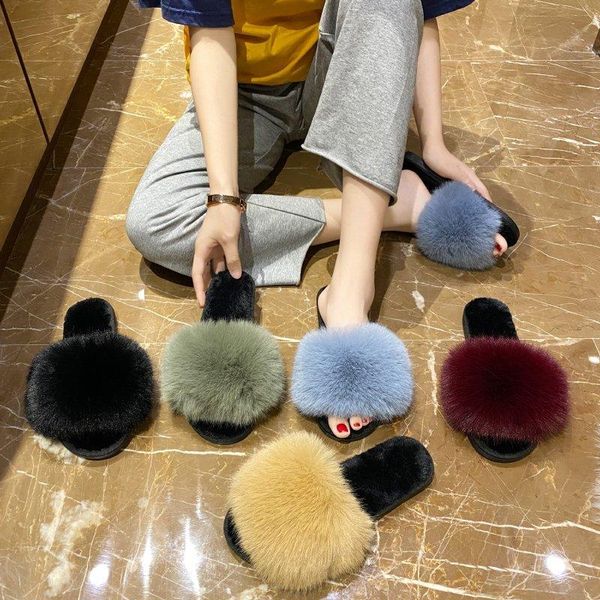 

slippers 2021 fashion outer wear otter women's sandals and flat-bottom all-match thick bottom furry women, Black
