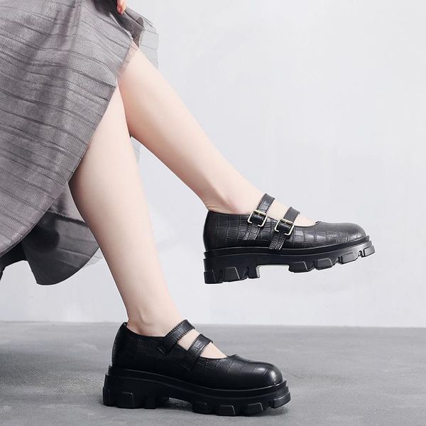 

yourseason ladies platform heels shoes spring autumn 2021 genuine leather handmade women vintage buckle strap pumps dress, Black
