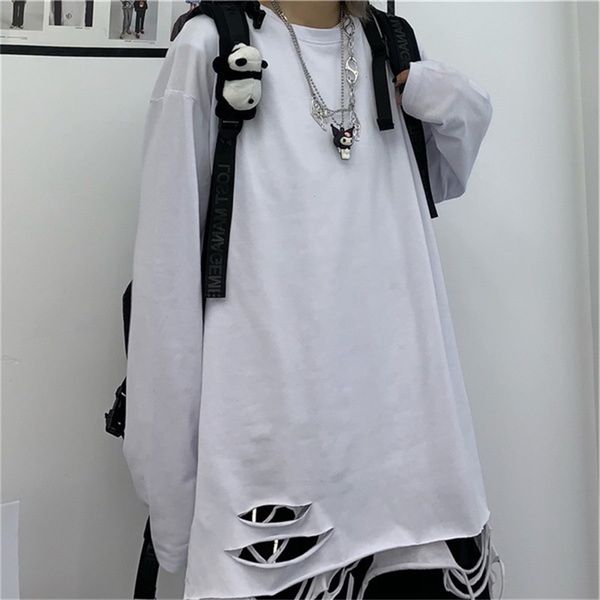 

gaojiechao brand hip hop solid color backing shirt with medium length and perforated long sleeve t-shirt inside, White