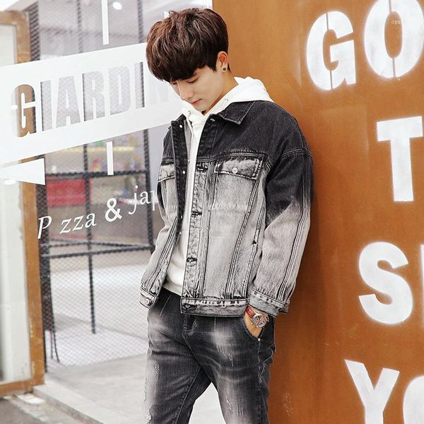 

autumn men's masculine denim suit 2 pieces black gradient jacket coat slim oversized jean jackets men windbreaker cardigan1, Gray