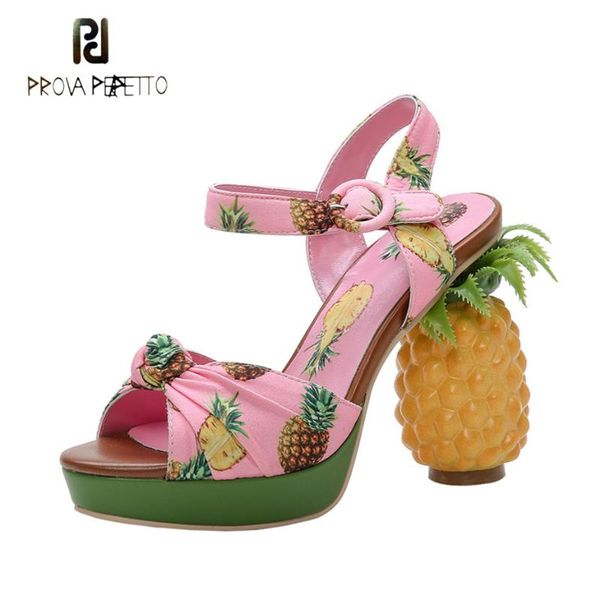 

dress shoes prova perfetto pink print platform sandal women pineapple chunky high heel summer shoe ankle strap chaussure strange style heels, Black
