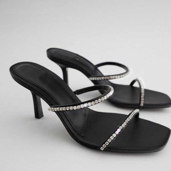 

sandals women's shoes black square head rhinestone accessories high-heeled