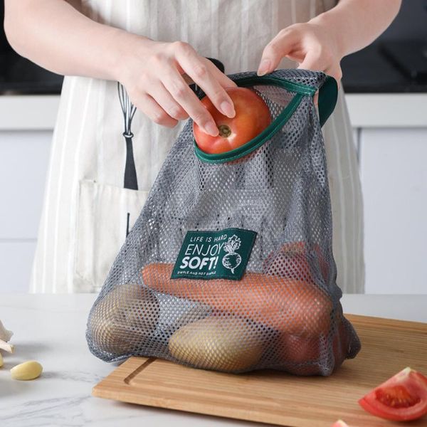 

storage bags reusable fruit vegetables shopping bag tote mesh woven net hanging for kitchen plyed889