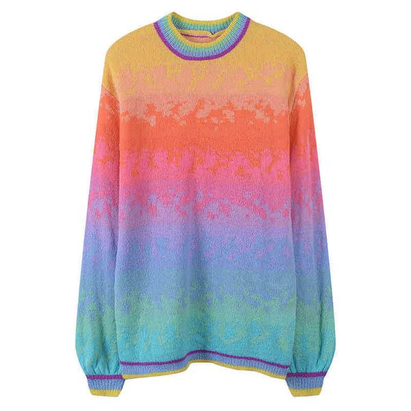 

women's sweaters rainbow striped sweater women fashion o-neck loose puff sleeve autumn winter clothes coat pullover jumper oqaj, White;black