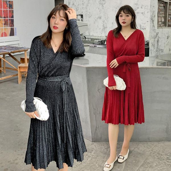 

women's spring v-neck solid color strappy draped dress plus size knee length casual wear 100kg can be worn dresses, Black;gray