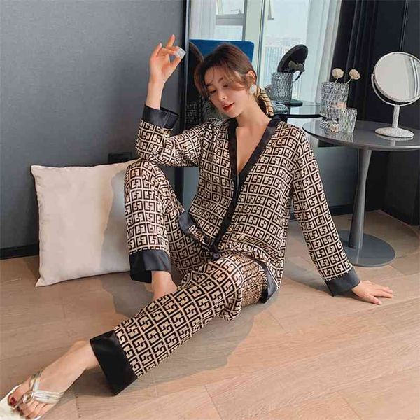 Весенние женские пижамы набор роскошный стиль моды крест письмо печати пиксы Sleewwear шелк, как досуг домашняя одежда ночная одежда 210901